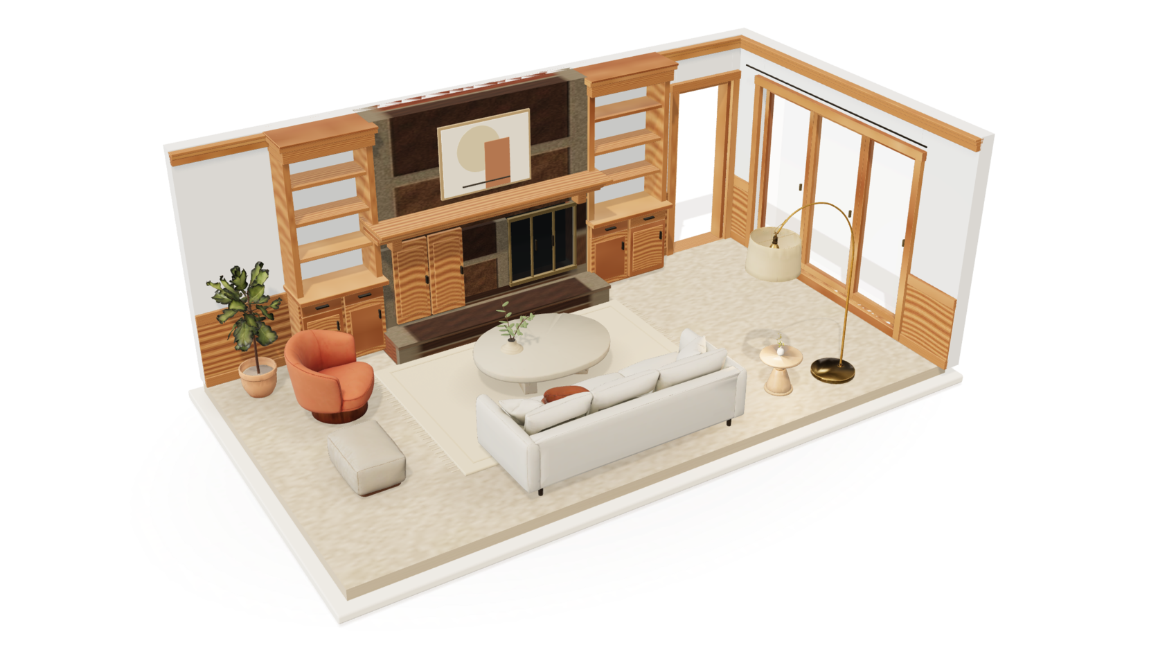 The living room reconstructed from two photos, furnished and opened into a cutaway